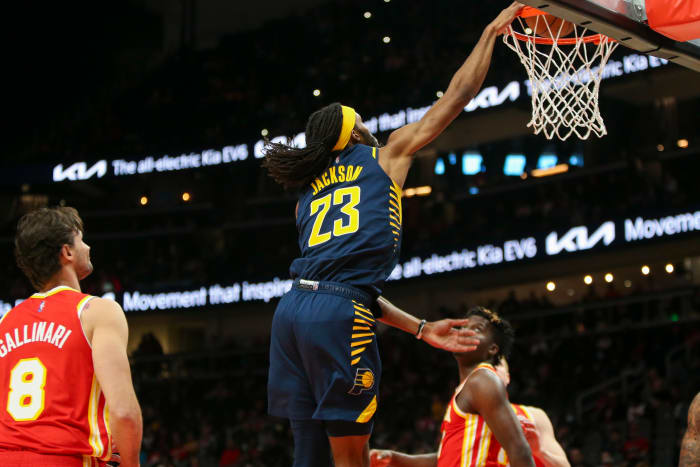 Mar 13, 2022; Atlanta, Georgia, USA; Indiana Pacers forward Isaiah Jackson (23) dunks against the Atlanta Hawks in the first quarter at State Farm Arena.